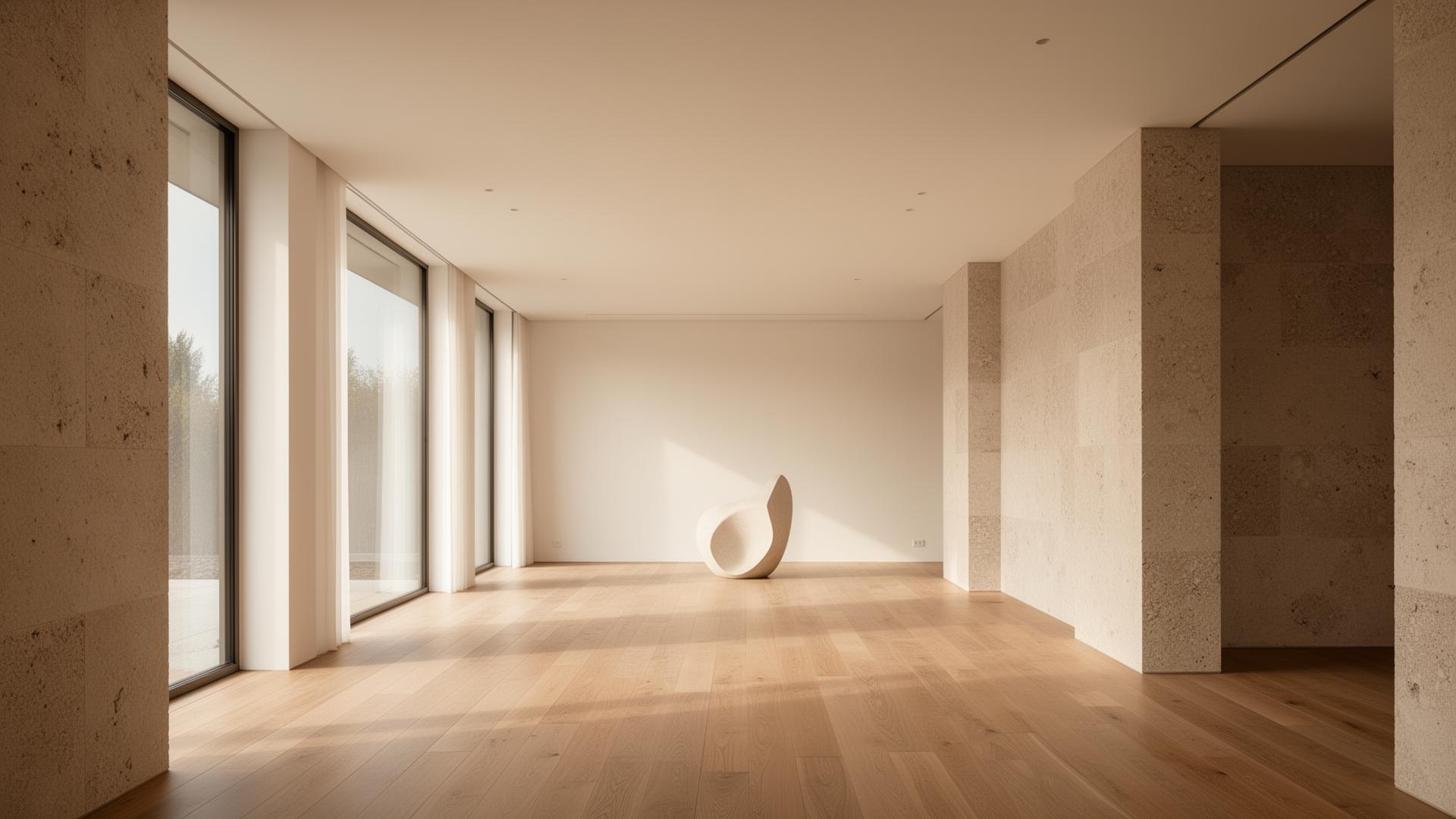 Interior arquitectónico minimalista con luz natural y materiales nobles